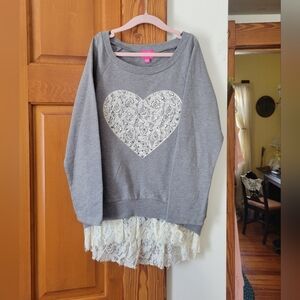 Girls Pinky Studded Gray Sweatshirt with Lace Heart and Hem M 10-12